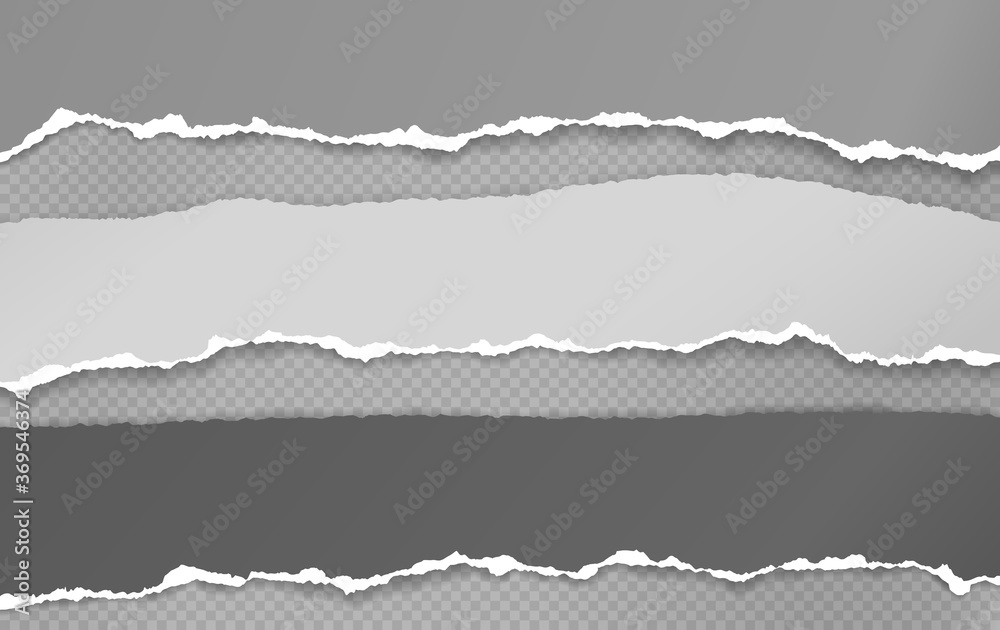 Strips of torn, ripped grey and white paper with soft shadow are on squared background for text. Vector illustration Strips of torn, ripped grey and white paper with soft shadow are on squared background for text. Vector illustration
