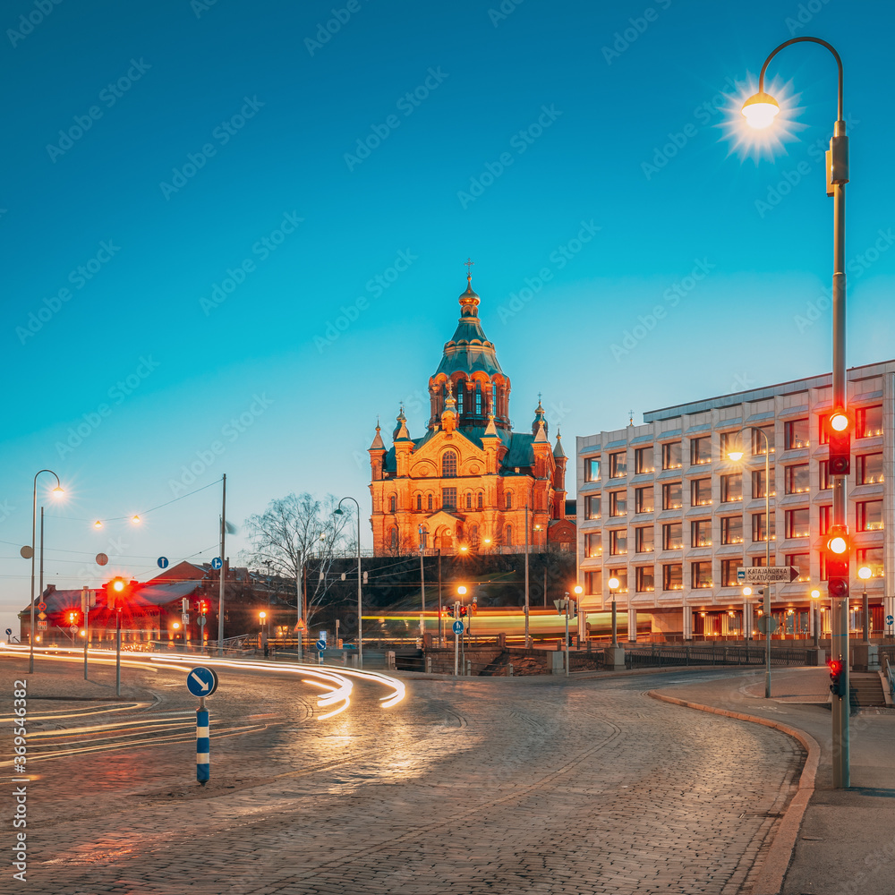 Helsinki, Finland. Uspenski Cathedral In Evening Night Illuminations.