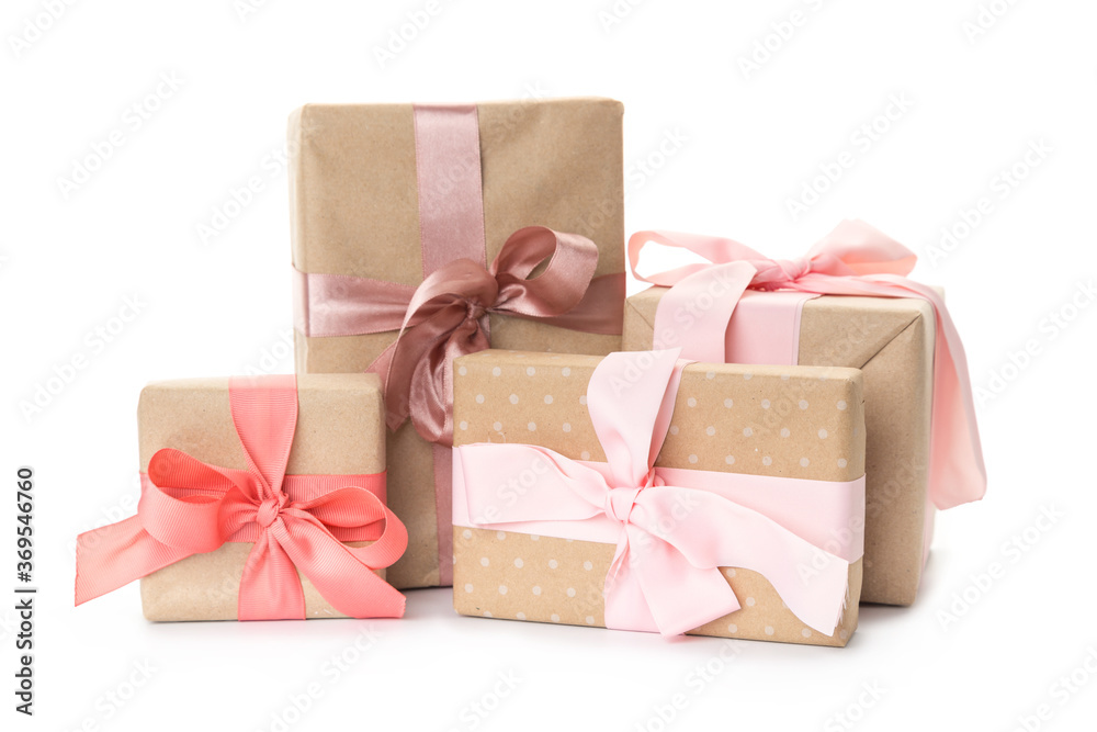 Obraz premium set of beautiful handmade gift boxes with pink ribbons. holidays, birthday, new year, mother's day