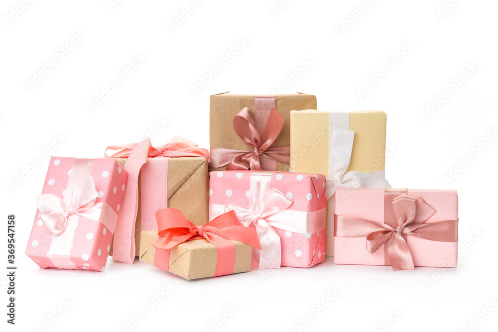 set of beautiful handmade gift boxes with pink ribbons. holidays, birthday, new year, mother's day set of beautiful handmade gift boxes with pink ribbons. holidays, birthday, new year, mother's day