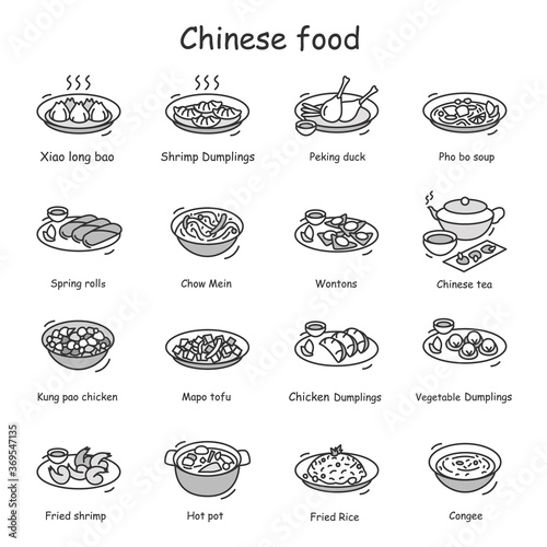Chinese food icons set. Asian food recipe and rice bowl for home cooking and recipe book line pictograms. Tasty soups, snacks and restaurant takeaway concept. Editable stroke vector illustrations