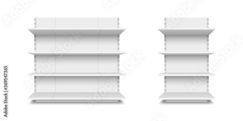 Empty supermarket shelves isolated on white background. 3d render
