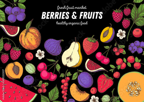Berries and fruits drawing collection. Hand drawn berry. Vector illustration. Watermelon, melon, raspberry, strawberry, pear, cherry, blueberry, cranberry, plum, fig, peach, currant, gooseberry.