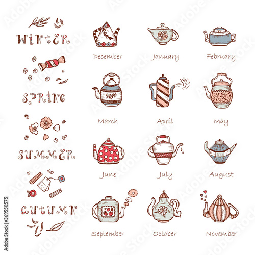 Tea Time. Vector Calendar template. Times of year. Four seasons and months, the template for creating a calendar with Doodle Different Teapots and additives for tea drinking.
