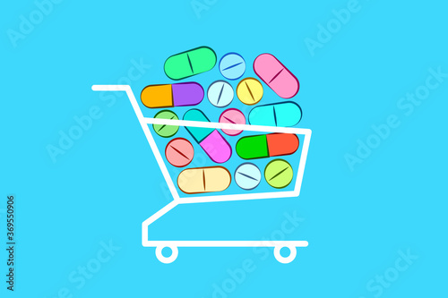 Various colored tablets and pills are stacked in shopping cart