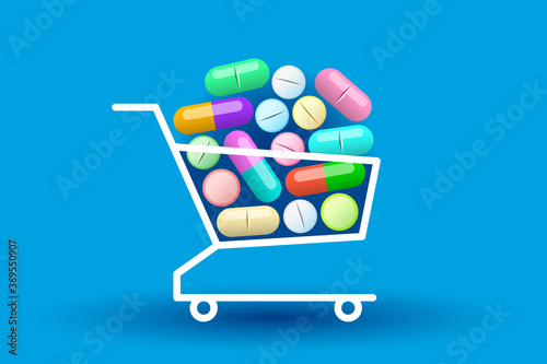 Various colored tablets and pills are stacked in shopping cart