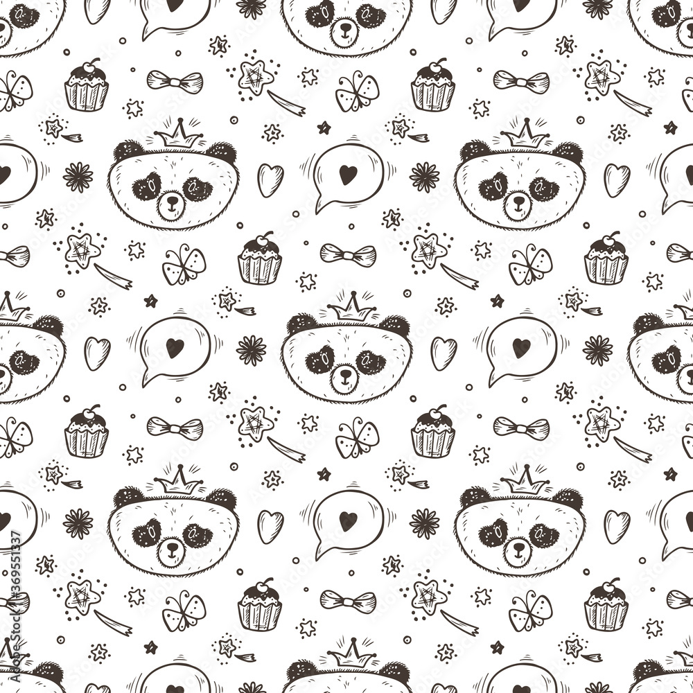 Cute Baby girl Panda Vector Seamless pattern. Endless wallpaper with Princess Pandas. Hand Drawn Doodle Funny Black and White Bear. Background for kids