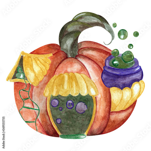 Halloween pumpkin house watercolor illustration isolated object on white background for holiday
