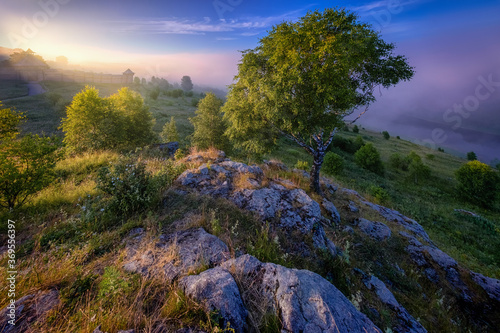 Foggy morning on the bank of Kosva river. Gubakha, Perm region. photo