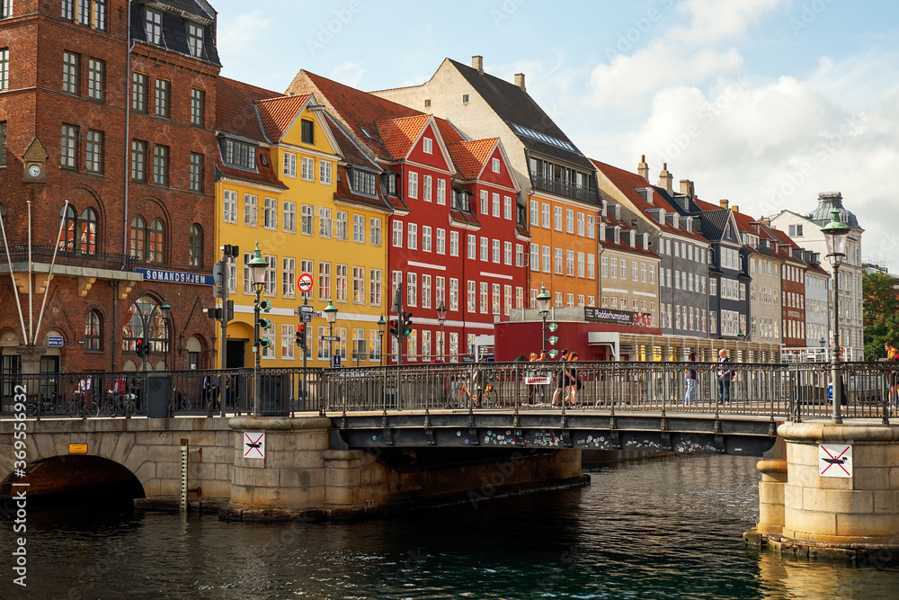 Denmark. Copenhagen. Colorful embankment Nyhavn. Bright houses and ships. September 19, 2018
