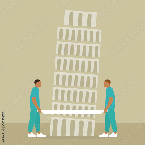 Two male orderlies with empty stretchers on the background of the Leaning Tower of Pisa