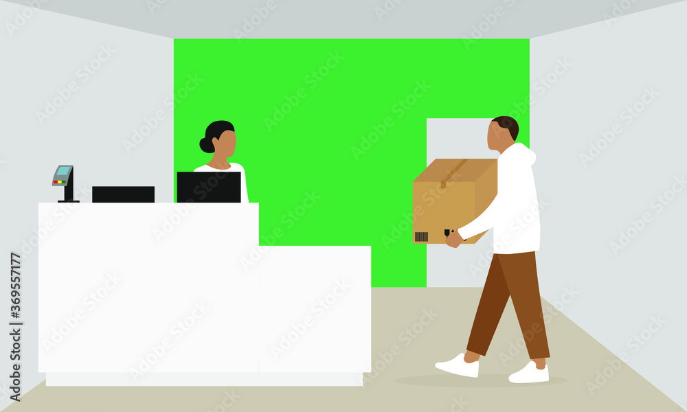 Point of issue of orders with an employee and a male character with a cardboard box in his hands