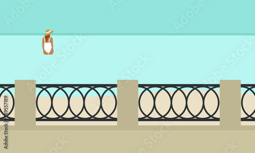 Empty promenade on the sea coast and a female character in the sea