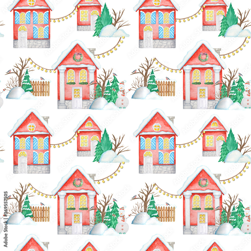 Watercolor Christmas winter houses Seamless pattern. House with wooden door, luminous windows, snow on the roof. Bright colors background for Card, scrapbook paper, fabric design texture