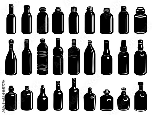 Set of black glossy different bottles.Simple style.