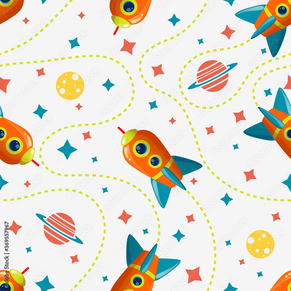 Obraz premium Seamless cosmic pattern with rocket, saturn, moon and star. Space pattern on white background