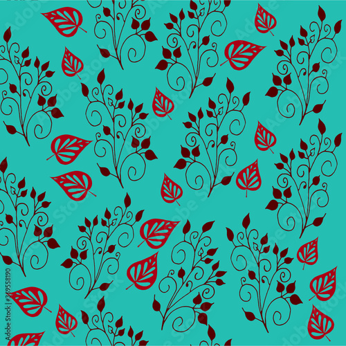 Seamless pattern with beautiful squiggles and leaves. Twigs on a green background. Beautiful nature. Suitable for backgrounds, textiles, clothing, wallpaper, stationery.