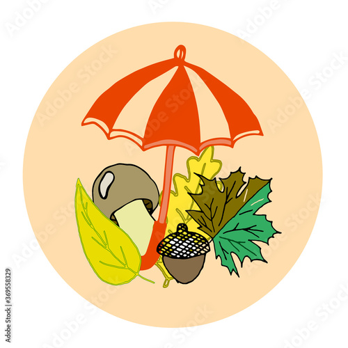 Postcard with autumn leaves, mushrooms, acorns and umbrella. Beautiful background. Suitable for postcards, children's books, notebooks, clothes, dishes.