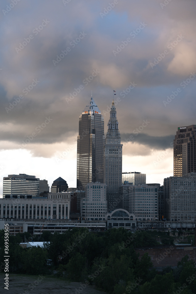 Cleveland Ohio Skyline During a cloudy fall sunset dramatic