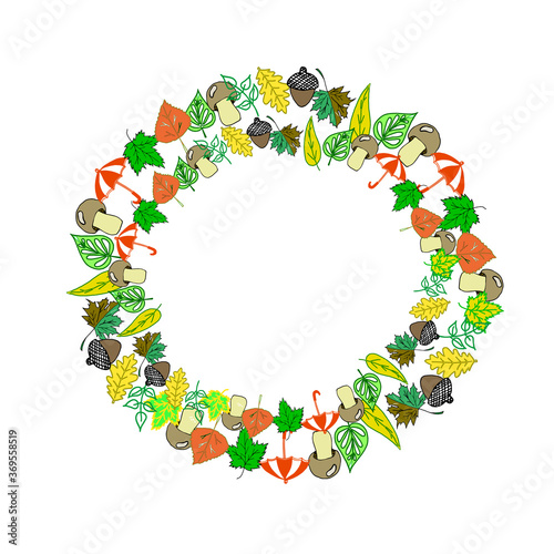 A wreath of autumn leaves and mushrooms. Umbrella, autumn, summer, mushrooms. Suitable for postcards, notebooks, backgrounds