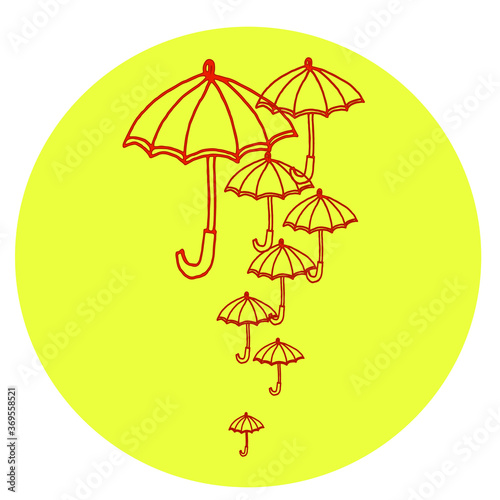 Rain of leaves on a yellow background. Flying red umbrellas. Suitable for postcards, notebooks, curtains, wallpapers, backgrounds, textures, books
