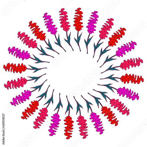 A beautiful wreath of red, unusual flowers. Suitable for postcards, wallpapers, textiles, notebooks, stationery.