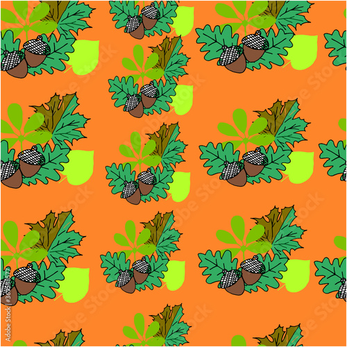 Bright seamless pattern with an autumn pattern. Leaves are yellow, green, acorns