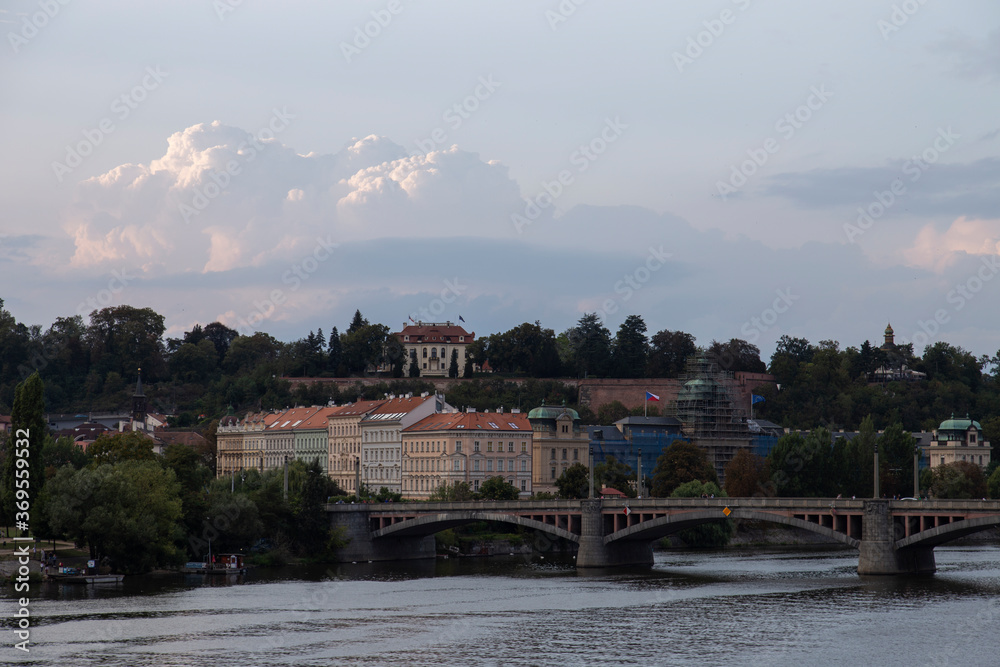 Panorama of Prague over the Vltava River during a late summer evening