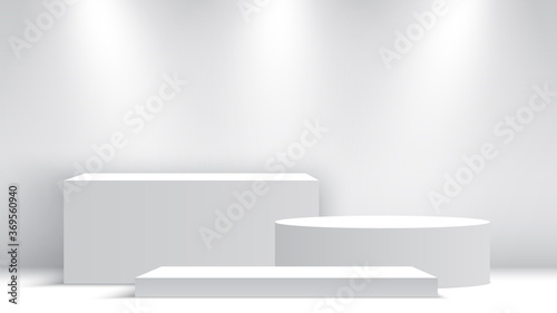 White blank podium. Pedestal with spotlights. Scene. Boxes. Vector illustration.