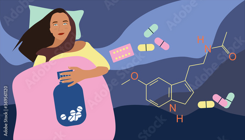 Insomnia concept. Melatonin tablets with chemical formula. Young woman lying in bed and has sleep disorder. Addiction of pills,hypochondria.Stress, nervous strain. Sleepless medical problem. Vector