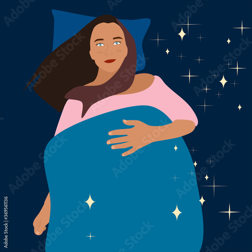 Insomnia concept, young woman lies in bed and can`t sleep, has disorder. Stress, nervous strain. Many thoughts at night.Baby cries and bothers his mom. Vector flat style illustration with disease