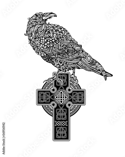 Odin's Celtic Raven. Scandinavian tattoo. Runic symbols in the Old Norse language mean Raven. Trixel, Celtic cross, Gungir and knots. Vector illustration of Scandinavian myths