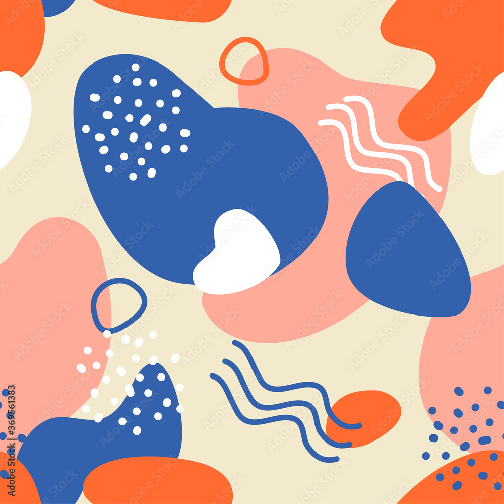 Abstract pattern with blue, pinck and orange spots on yellow background