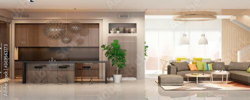 Modern house interior with kitchen. 3D Render