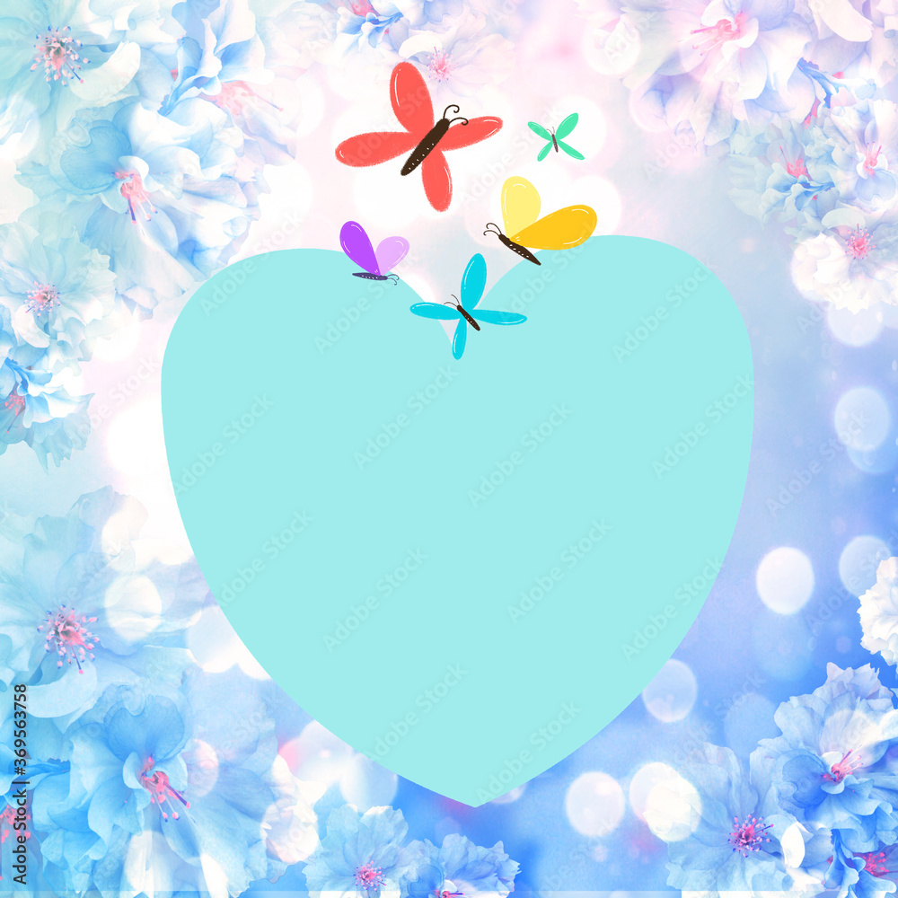 Blue background with beautiful flowers, heart, butterfly and bokeh background for your design and home decor