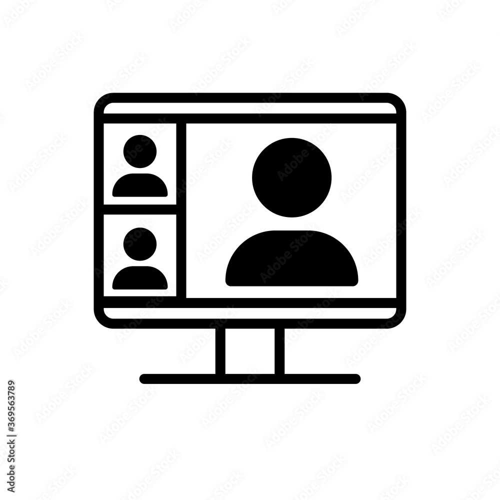 Video conference icon. Person on computer screen. Home office. Digital communication. Internet teaching media.