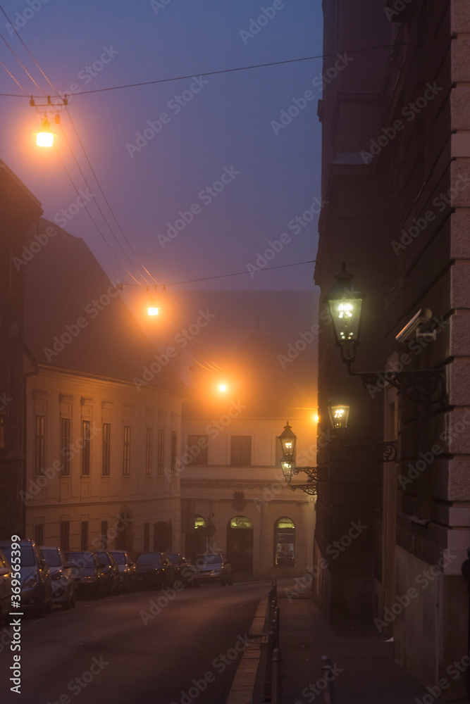 Street in fog, Zagreb, Croatia