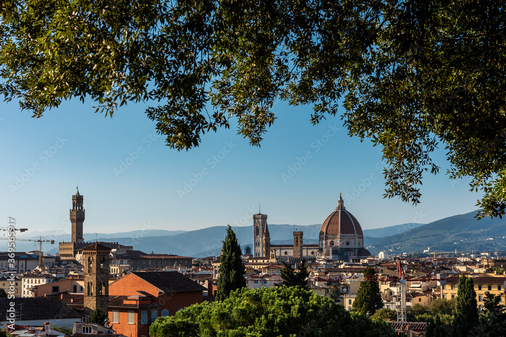 Picturesque view of Florence and Duomo Cathedral from Michelangelo Square, Italy. Selective focus.