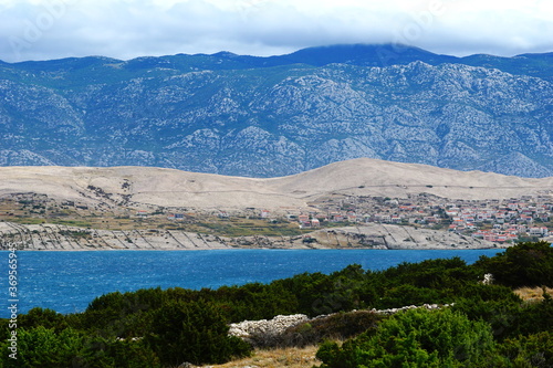 Beautiful landscape on the Croatian coast, the island of Pag and the mountain Velebit
