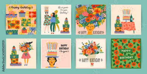Happy Birthday. Vector set of cute illustrations. Design templates