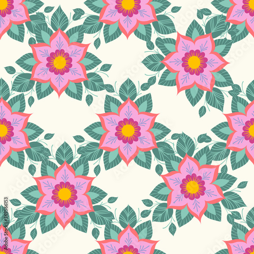 Seamless pattern  hand drawn outline pink flowers on yellow background