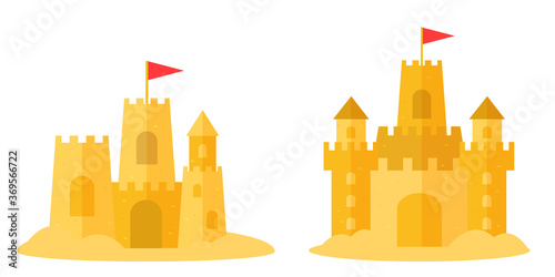 Two sand castles isolated on white. Set of flat sandcastles icons. Vector cartoon illustration. Concept of vacation, holidays, summer activity on beach