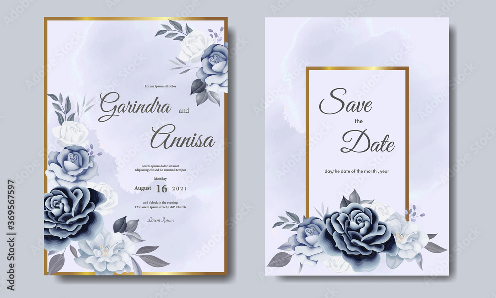 Elegant wedding invitation card template with romantic blue  floral and leaves  Premium Vector