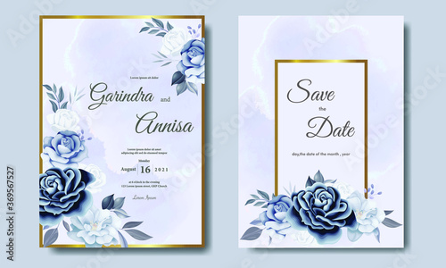 Elegant wedding invitation card template with romantic blue floral and leaves Premium Vector