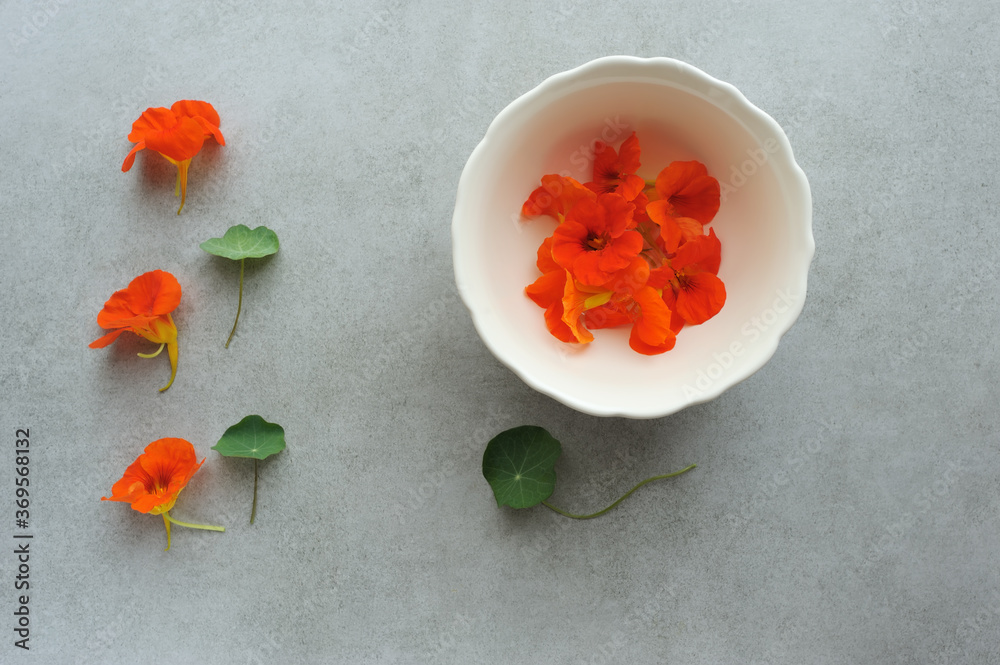 Edible flower prepared for cooking on gray background.