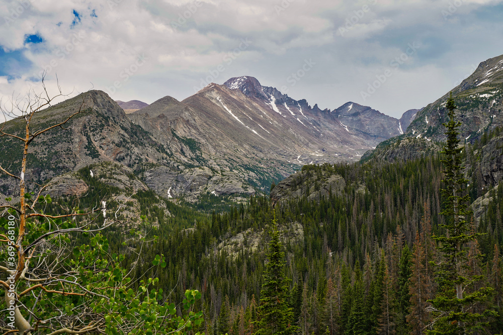 Mountain side and ravine in Rocky mountain national park colorado. Travel destination for hiking and camping. Beautiful overlook.