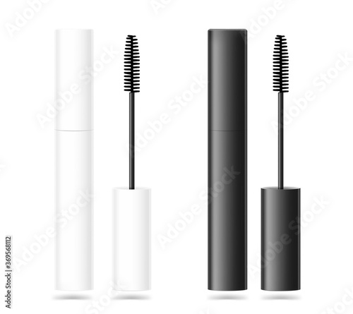 Realistic black and white mascara tube isolated on white background. Vector illustration. Can be use for template your design, presentation, promo, ad. EPS10.	