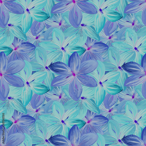 Blue lilac and turquoise flowers handmade gouache gentle seamless pattern . Background for web pages, wedding invitations, date cards, textiles, packaging, fabric, wallpaper