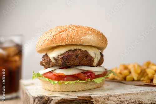 Homemade Burger sandwich with fries 