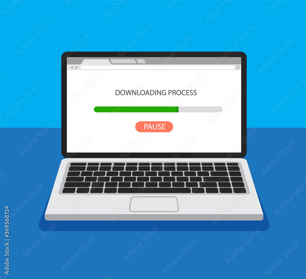 Open laptop and loading window on a display. Download process. Web browser template. Vector illustration in a trendy flat style. Open laptop and loading window on a display. Download process. Web browser template. Vector illustration in a trendy flat style.